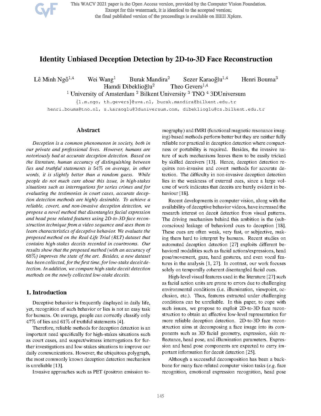 Identity Unbiased Deception Detection by 2D-to-3D Face Reconstruction